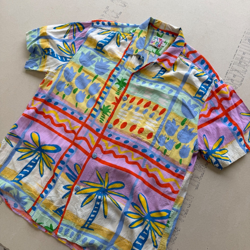 Vintage 90s Jams World Abstract Palm Tree Rayon Button Down Shirt